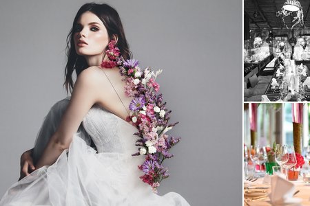 Das Besondere zum Heiraten im Erbprinz Ettlingen – Braut mit Blumen und Ansicht gedeckter Tische