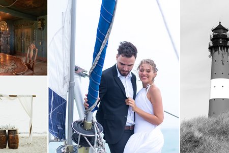 Trauungen im und um den Söl'ring Hof in Sylt – Leuchtturm, Brautpaar auf dem Boot, Bogen am Strand