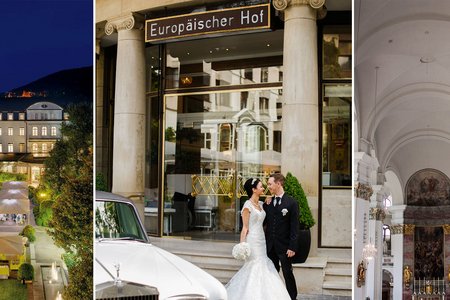 Trauungen in und um den Europäischen Hof Heidelberg – Außenansicht und Brautpaar