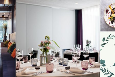 gedeckter runder Hochzeitstisch und Food im Schulhaus Hotel Schwelm 